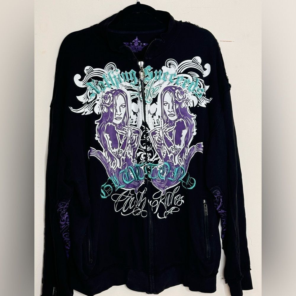 Y2K Blac Label Full Zip Embroidered Distressed Cash Rules Gluttony Sweatshirt 4X